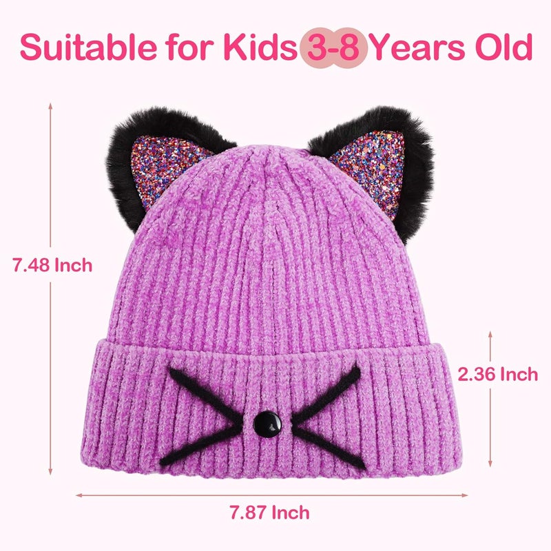 ACTLATI Little Girls Sequin Cat Ears Hats Cute Warm Knit Beanie Hat for Kids Winter Outdoor Snow Ski Skull Cap 3-8 Years - Image 2
